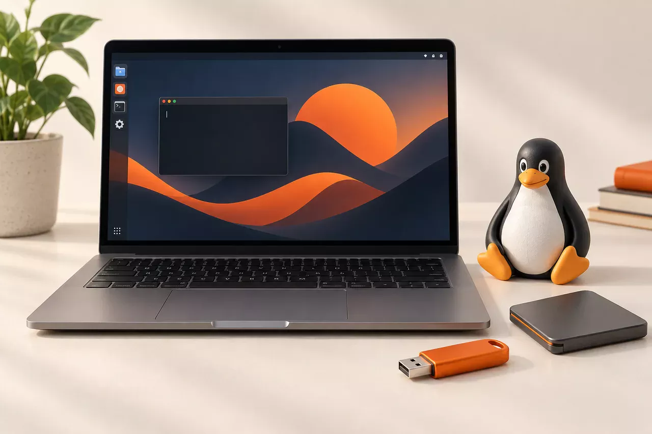 Иллюстрация Linux: ноутбук, установочная флешка и внешний накопитель