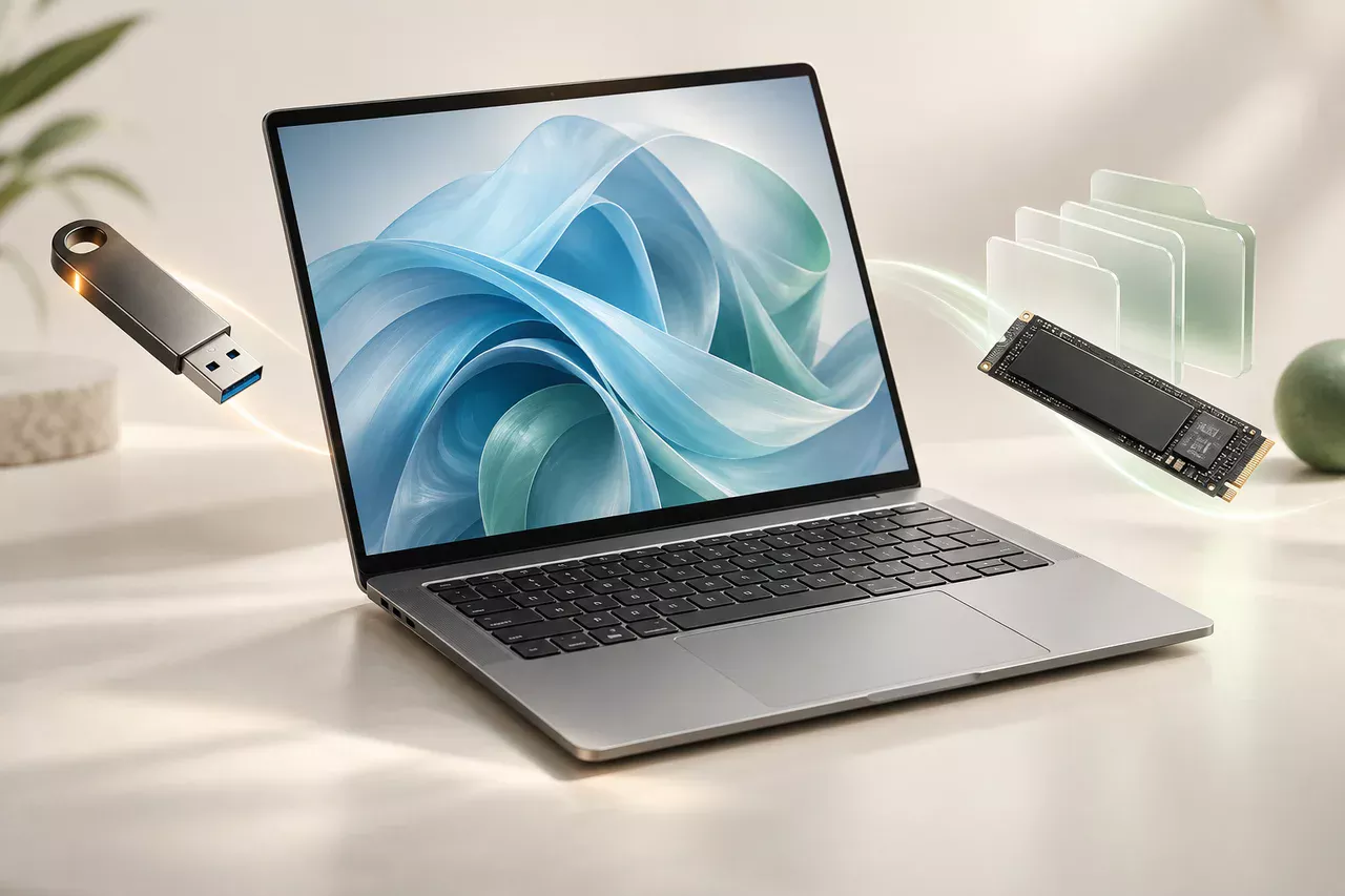 Ілюстрація встановлення Windows: ноутбук, встановлювальна флешка та SSD